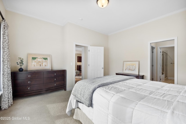 bedroom with light colored carpet, ensuite bath, and crown molding