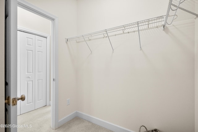 walk in closet with light carpet