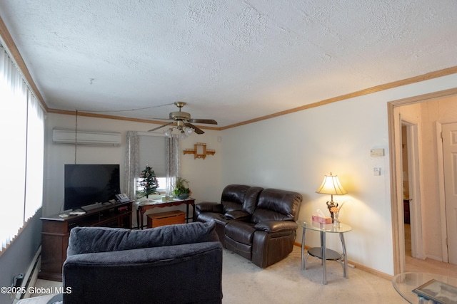 carpeted living room featuring a healthy amount of sunlight, ornamental molding, and a wall unit AC