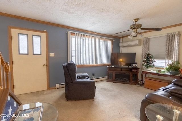 carpeted living room with a textured ceiling, ceiling fan, a wall mounted air conditioner, and baseboard heating