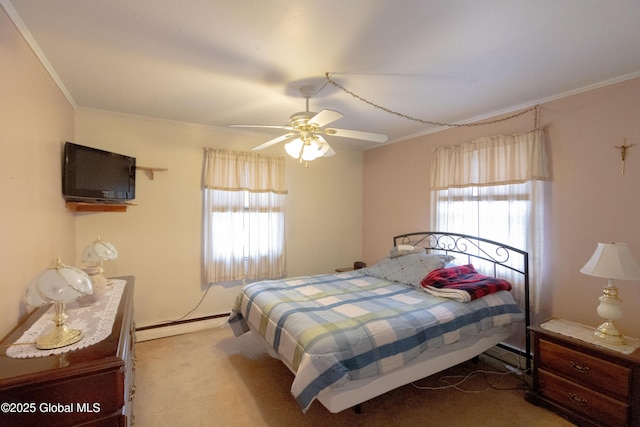 bedroom featuring ceiling fan, multiple windows, light carpet, and a baseboard radiator