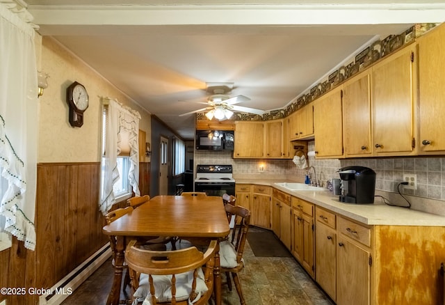 kitchen with baseboard heating, electric range, backsplash, ceiling fan, and sink