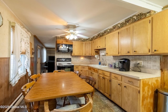 kitchen with electric stove, a baseboard heating unit, ornamental molding, ceiling fan, and sink