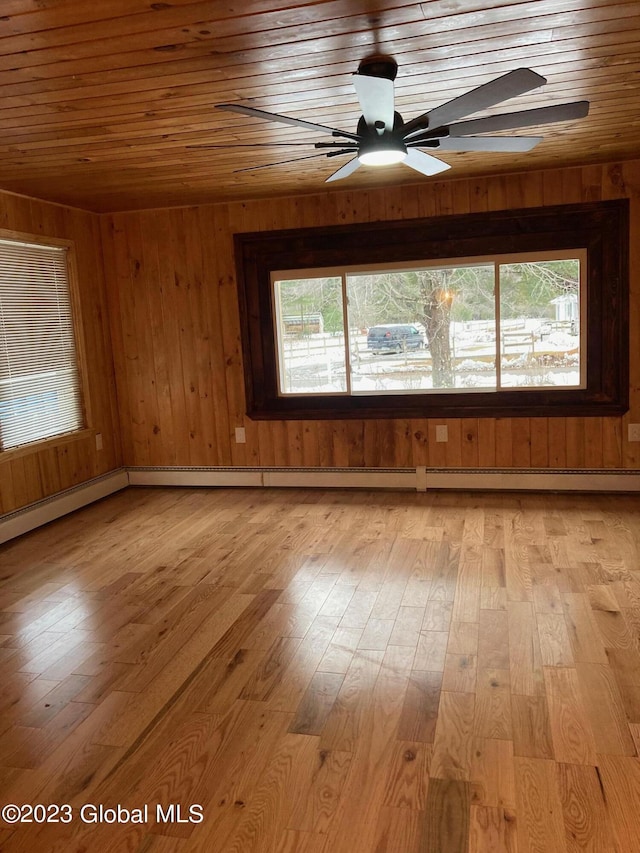 empty room with wooden walls, a healthy amount of sunlight, light hardwood / wood-style floors, and wood ceiling