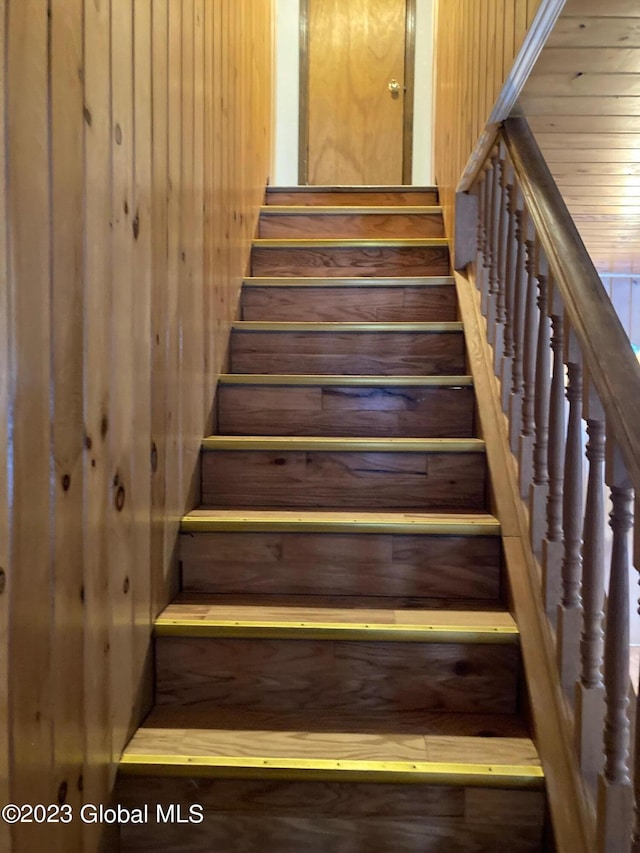 stairs with wood ceiling and wood walls