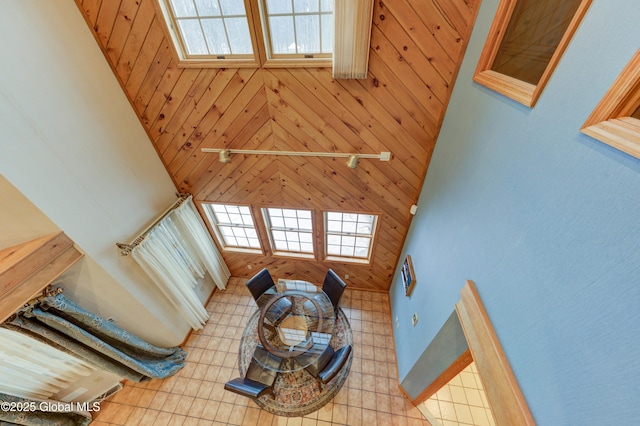 living room featuring a high ceiling and wood walls