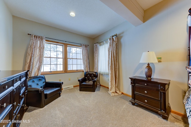 living area with light colored carpet, a textured ceiling, and beamed ceiling