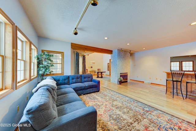 living room featuring hardwood / wood-style flooring, a textured ceiling, and plenty of natural light