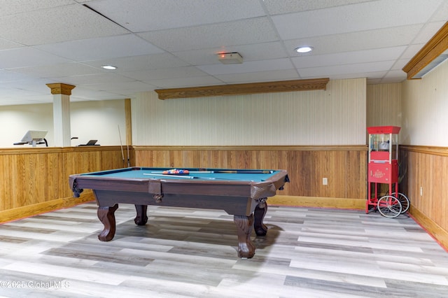 playroom featuring pool table, a paneled ceiling, and light hardwood / wood-style floors