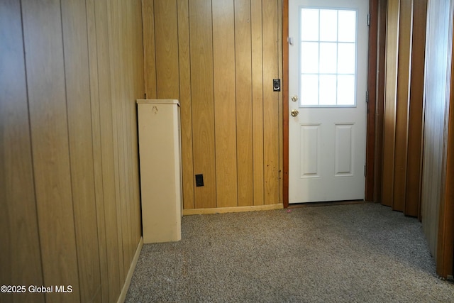 entryway featuring carpet and wood walls