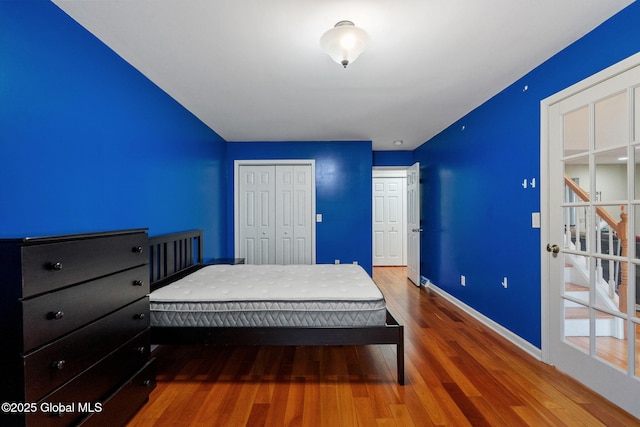 bedroom featuring dark wood-type flooring and a closet