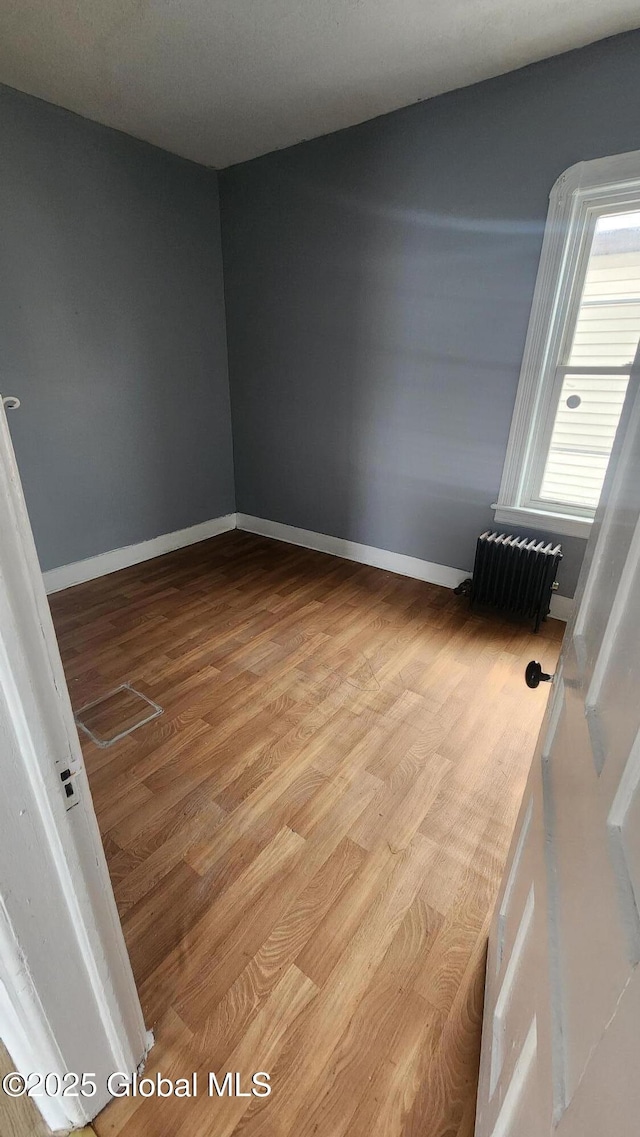 spare room featuring radiator and light wood-type flooring