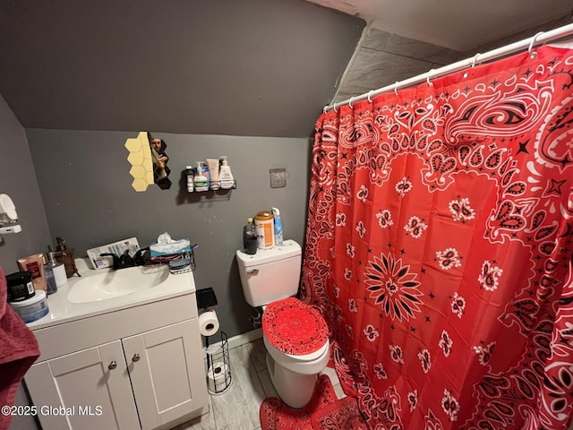 bathroom featuring hardwood / wood-style flooring, curtained shower, toilet, and vanity