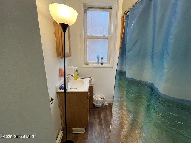 bathroom featuring vanity and hardwood / wood-style flooring