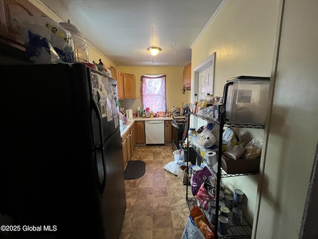 kitchen with light brown cabinetry, white dishwasher, black refrigerator, and crown molding