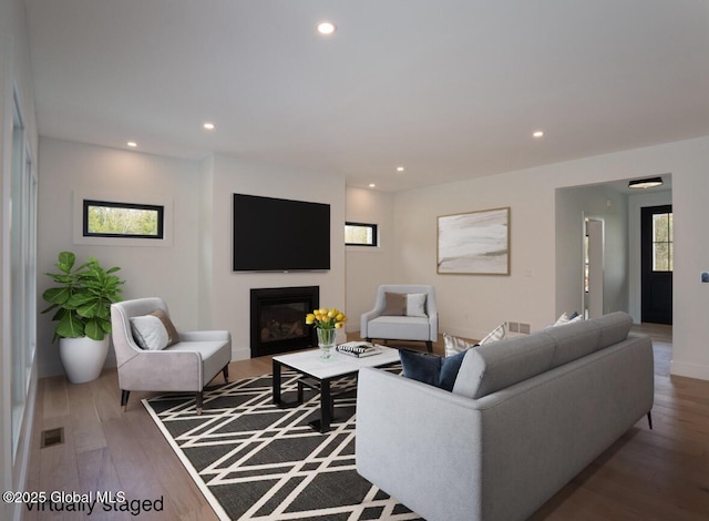 living room with a wealth of natural light and wood-type flooring