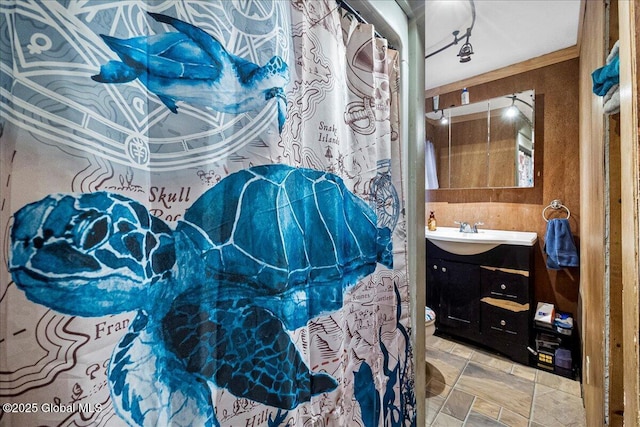 bathroom featuring toilet, vanity, and ornamental molding