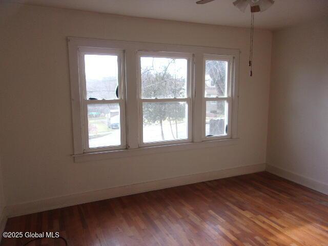 unfurnished room with hardwood / wood-style floors, ceiling fan, and plenty of natural light