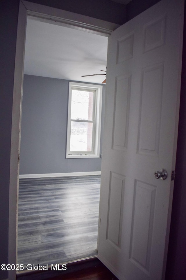 empty room featuring ceiling fan and dark hardwood / wood-style flooring