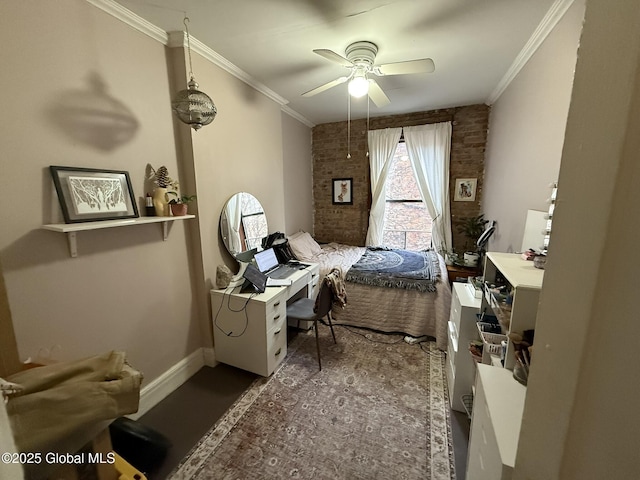 bedroom featuring ceiling fan and crown molding