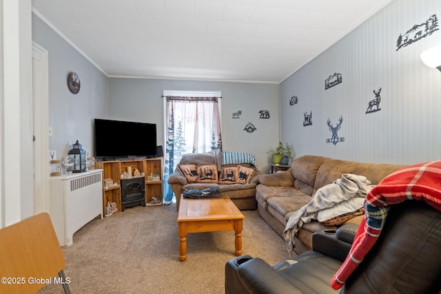 living room with light colored carpet, radiator, and ornamental molding