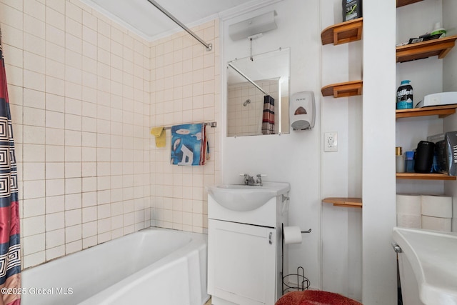 bathroom with vanity and shower / tub combo with curtain