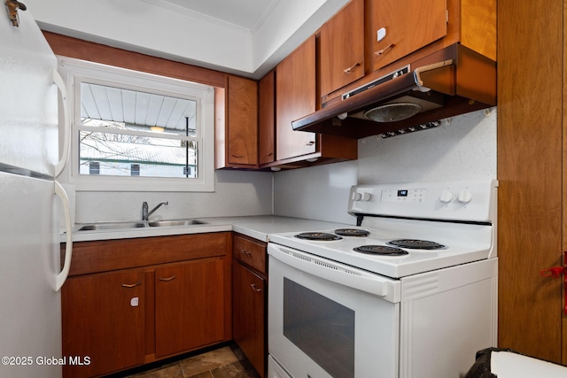 kitchen featuring sink, white appliances, crown molding, and tasteful backsplash