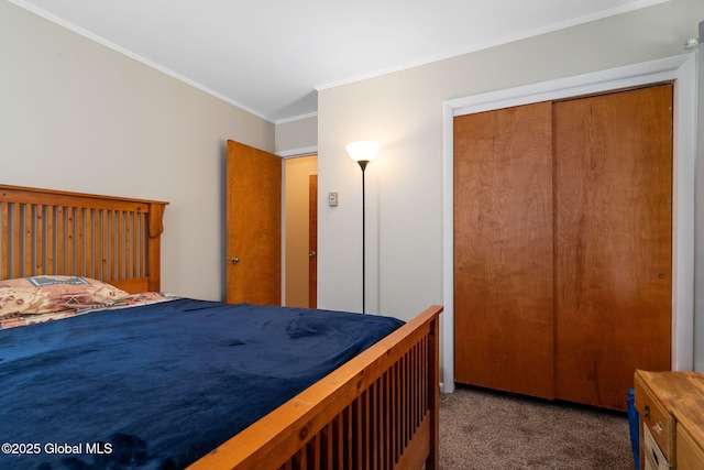 carpeted bedroom with a closet and crown molding