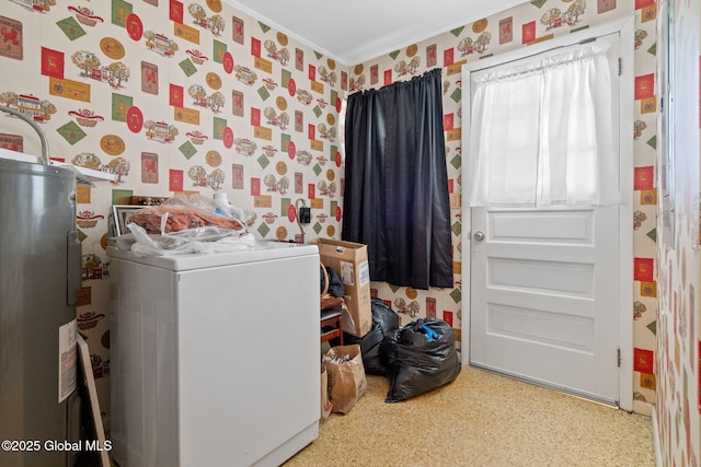 washroom with crown molding, washer / clothes dryer, and water heater