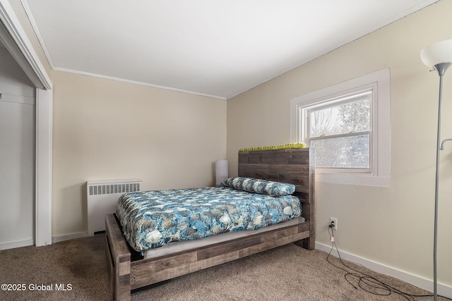 bedroom with crown molding, carpet floors, and radiator