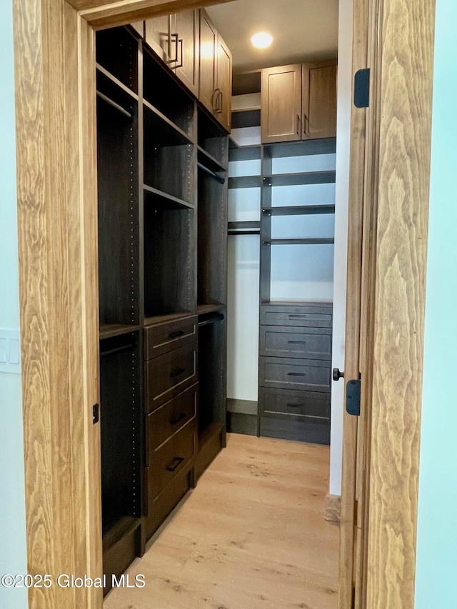 walk in closet with light wood-style floors