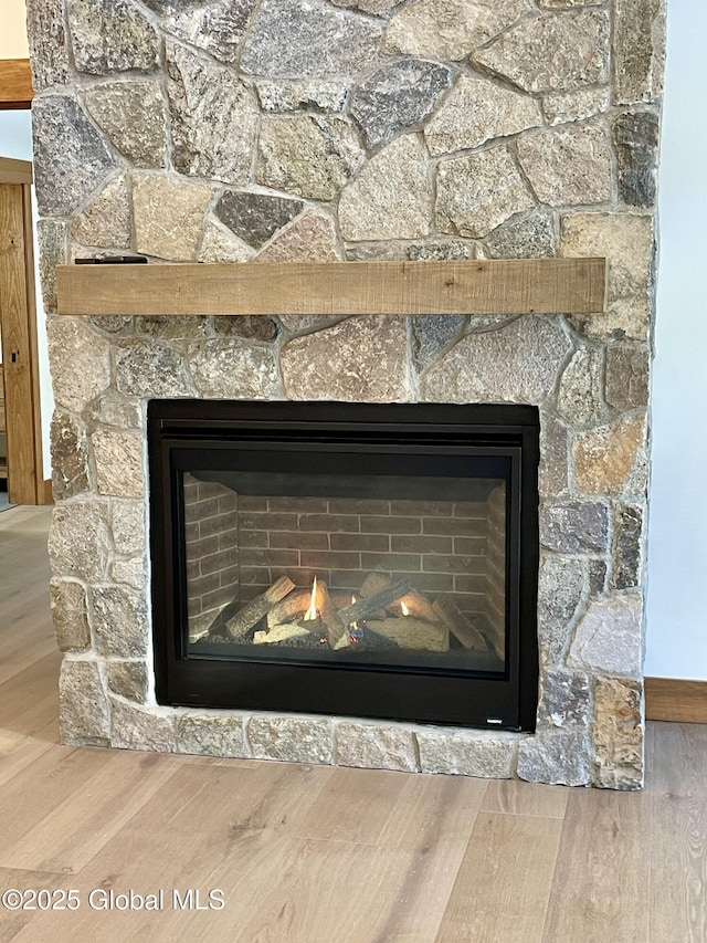 room details featuring a fireplace and wood finished floors