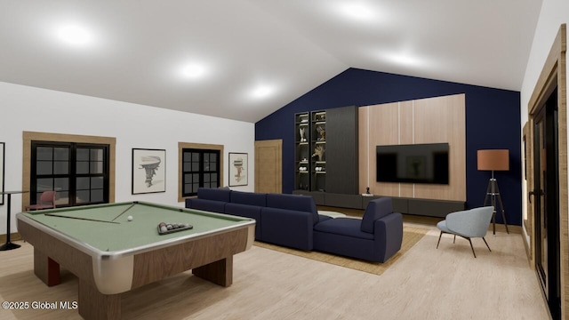 playroom featuring lofted ceiling, billiards, and light wood-style floors