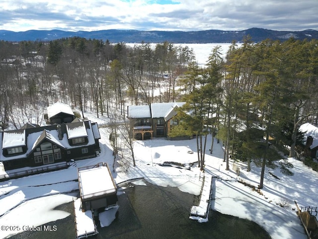 snowy aerial view featuring a mountain view