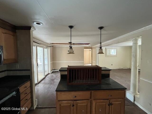 kitchen with electric range oven, hanging light fixtures, crown molding, and ornate columns