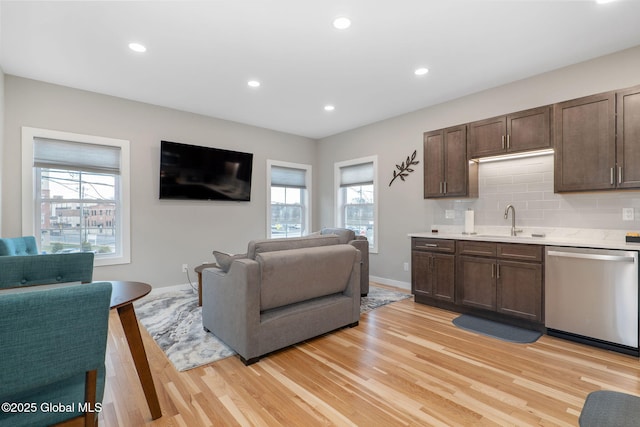 living room with light hardwood / wood-style flooring and sink