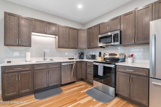 kitchen with light hardwood / wood-style floors, sink, decorative backsplash, and stainless steel appliances