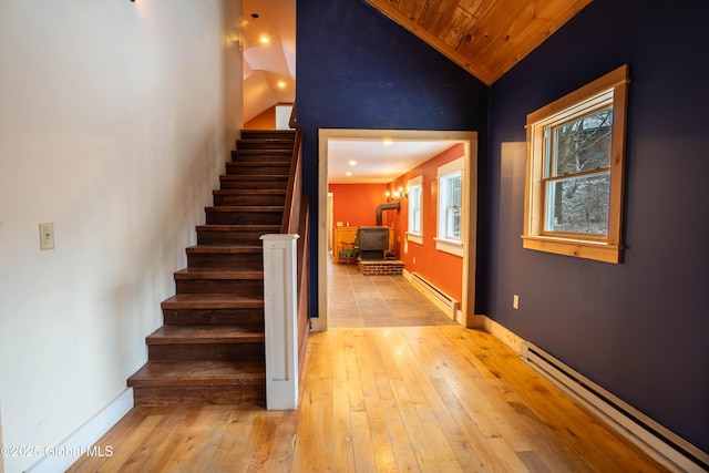 stairs featuring hardwood / wood-style flooring, wooden ceiling, a baseboard heating unit, and a wood stove