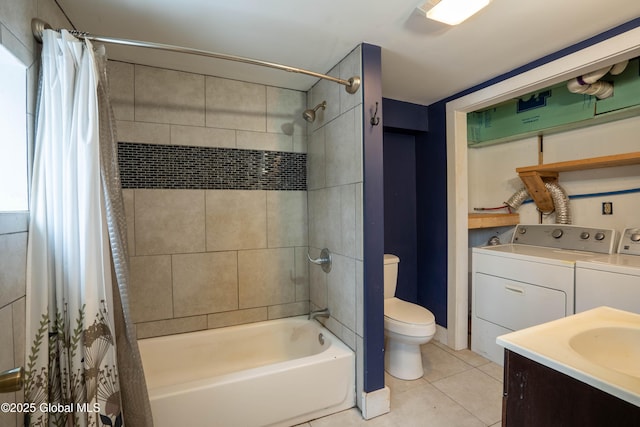 full bathroom featuring tile patterned flooring, vanity, shower / bath combination with curtain, washing machine and clothes dryer, and toilet