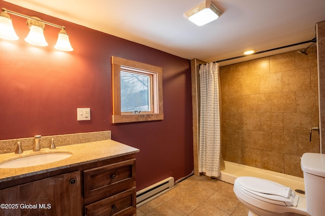 bathroom featuring toilet, vanity, a baseboard heating unit, and a shower with shower curtain