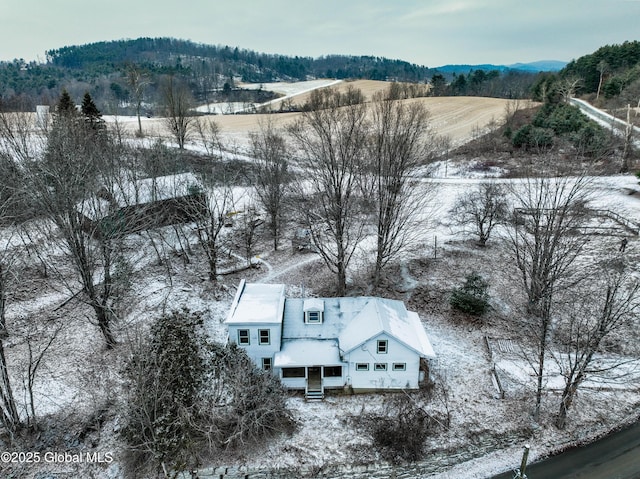 snowy aerial view featuring a mountain view