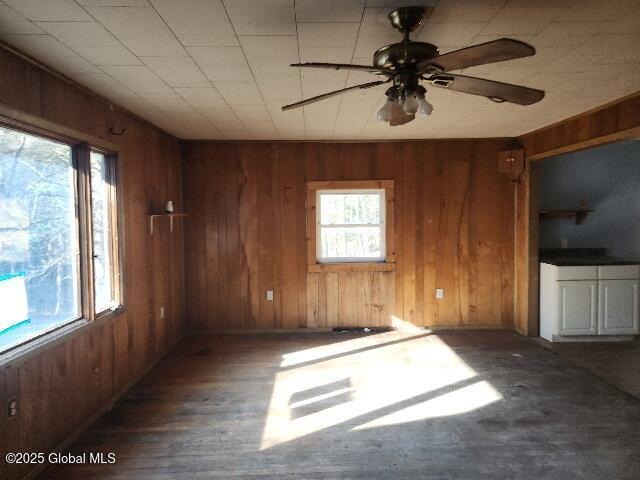 spare room with wood walls and a ceiling fan