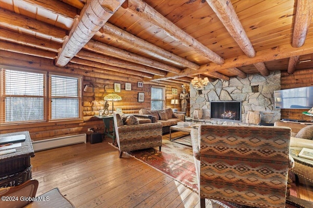 living room featuring wood ceiling, a baseboard heating unit, log walls, a fireplace, and wood-type flooring