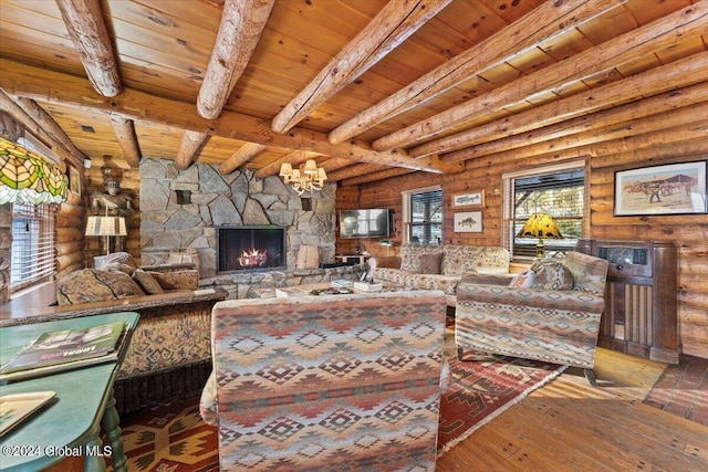 living room featuring hardwood / wood-style flooring, rustic walls, wooden ceiling, and a fireplace