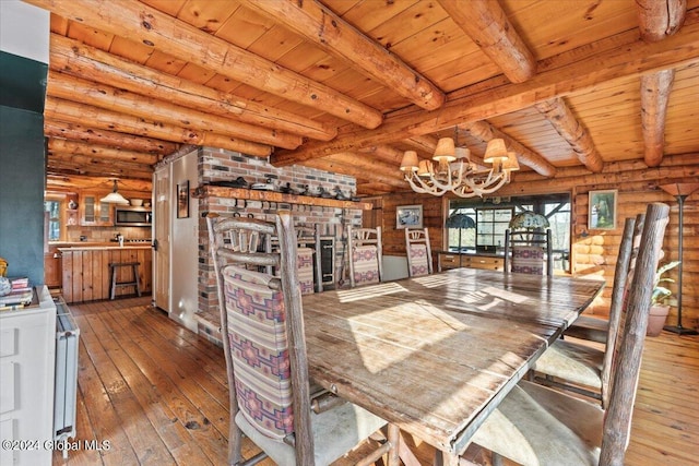 unfurnished dining area featuring rustic walls, beamed ceiling, wooden ceiling, and a notable chandelier