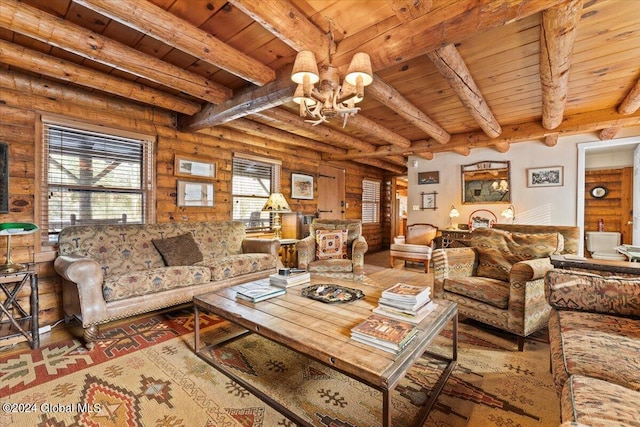 living room with beam ceiling, wood ceiling, a notable chandelier, and log walls