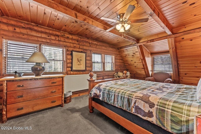 carpeted bedroom with ceiling fan, lofted ceiling with beams, rustic walls, radiator, and wooden ceiling