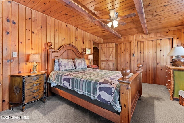 carpeted bedroom featuring wood ceiling, wooden walls, and beamed ceiling