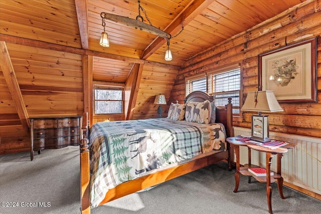 bedroom featuring rustic walls, wooden ceiling, multiple windows, and lofted ceiling with beams