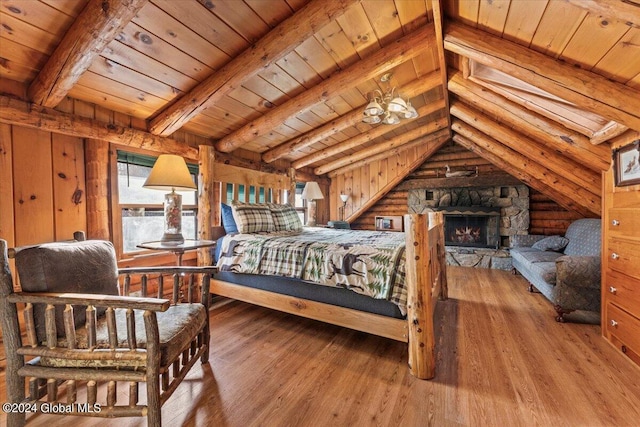 bedroom with hardwood / wood-style floors, wood walls, wood ceiling, and an inviting chandelier